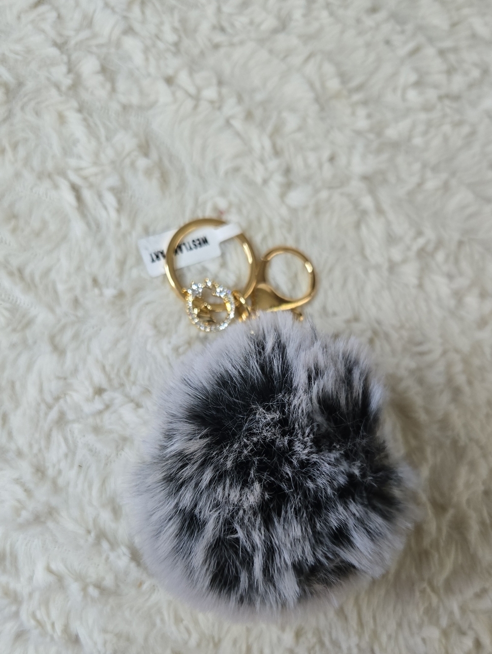 JustFab Black & White Faux Fur Pom Key Ring with Gold Hardware